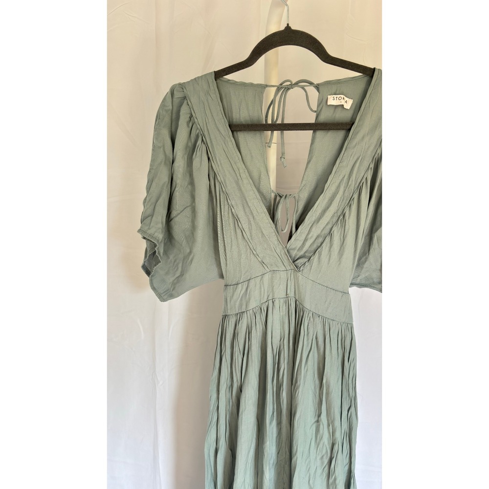 STORIA Sage Green Flutter Sleeve Maxi Dress Tie Waist‎ Tiered Ruffle Size S - Picture 3 of 8
